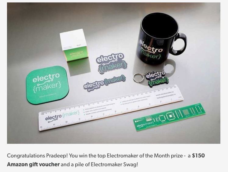 Electromaker winner prizes including stickers and Amazon giftcard