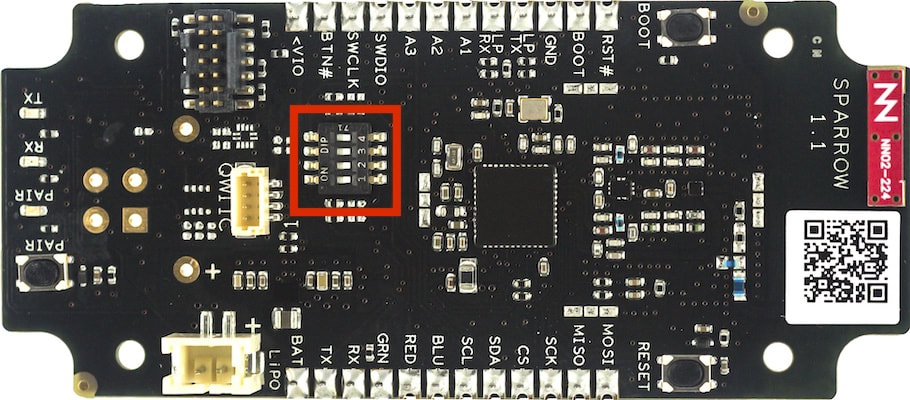 A sparrow Essentials board with all DIP switches set to off