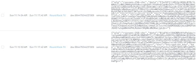 A view of encrypted events on the Notehub events view