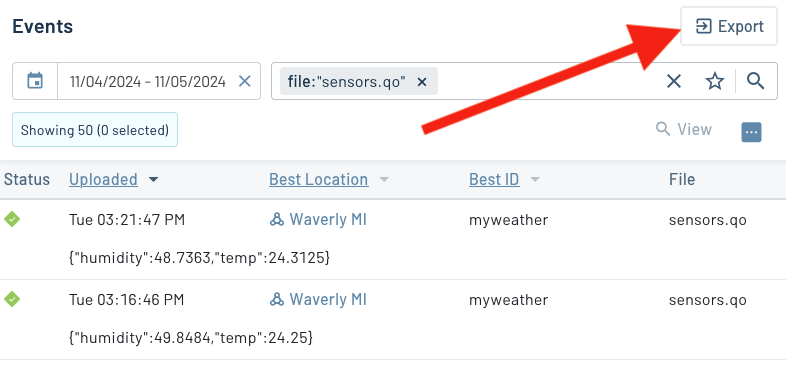 Location of the export data button in Notehub