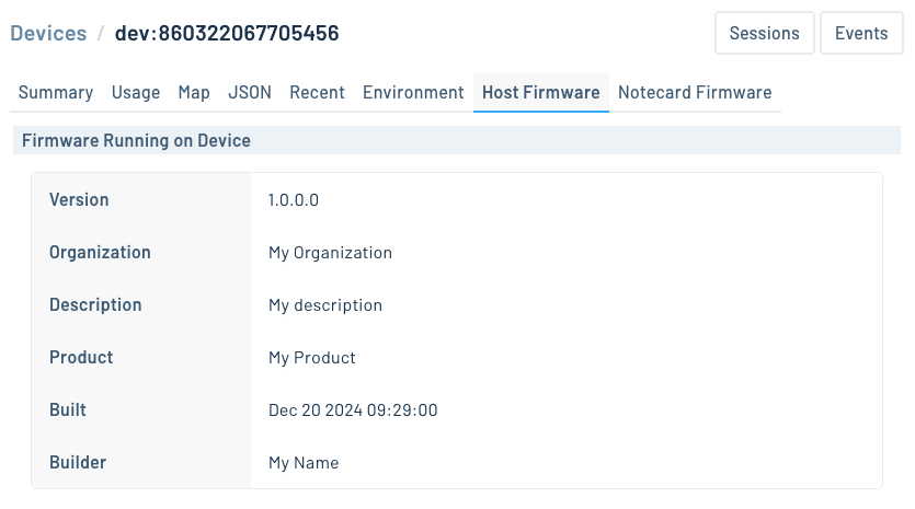 Notehub UI showing the host firmware version