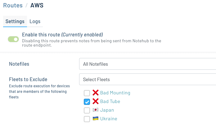 Notehub UI showing how to exclude fleets from routing