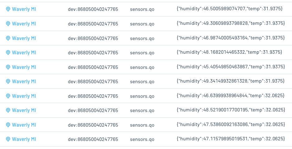 A list of sensor readings in Notehub