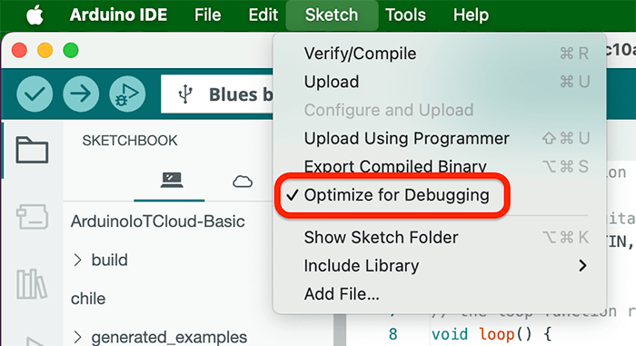swan optimize for debugging in arduino ide