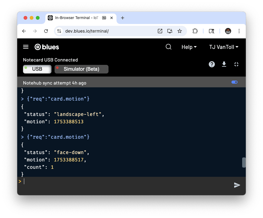 The in-browser terminal showing card.motion requests