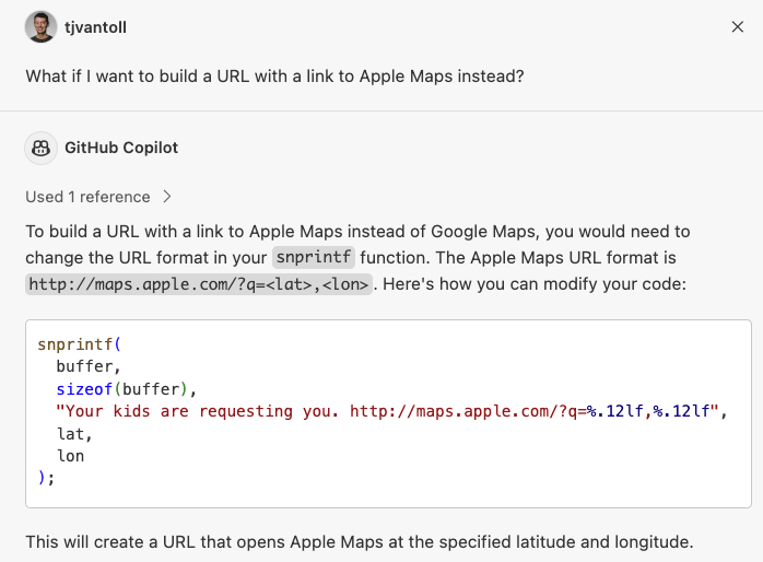 Asking GitHub Copilot to use a Apple Maps URL