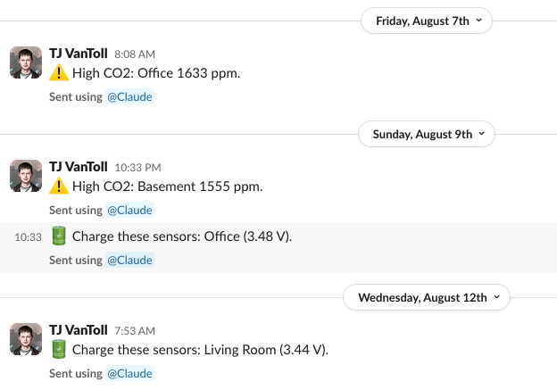 Slack image of reports I got from my CO2 monitoring project