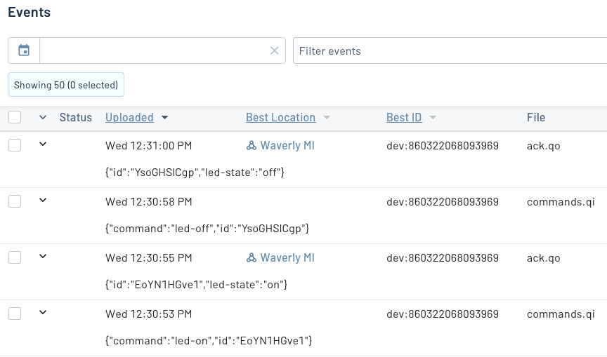A list of ack.qo and commands.qi events
