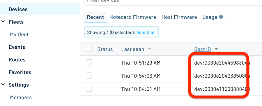 all lora devices in notehub