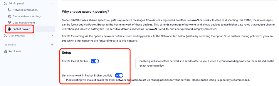 update packet broker settings in things stack tenant