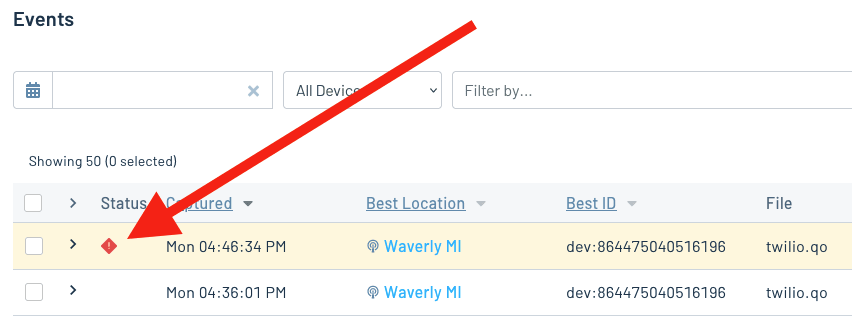 A list of Notehub events showing one error