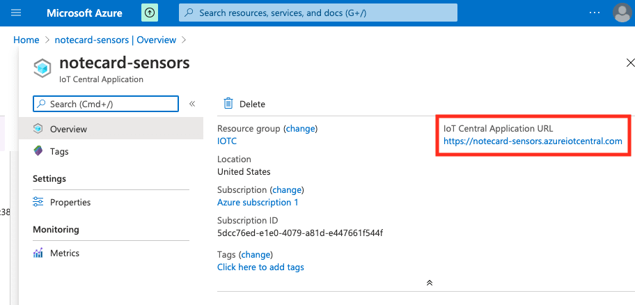 IoT central application url