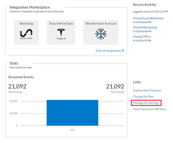 Location of manage my settings in Initial State