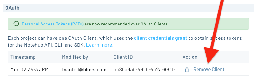 removing client application access in Notehub
