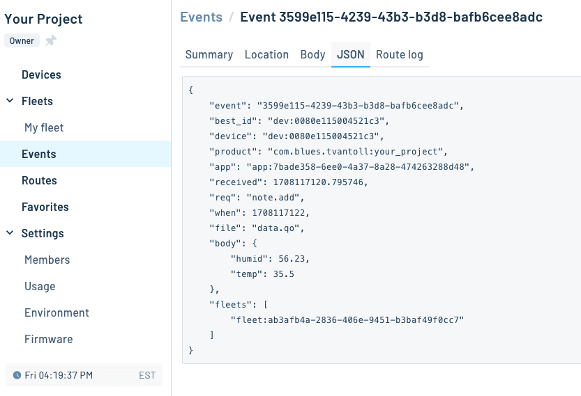 A single event showing in Notehub