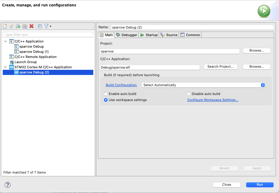 Run configuration display in STM32CubeIDE