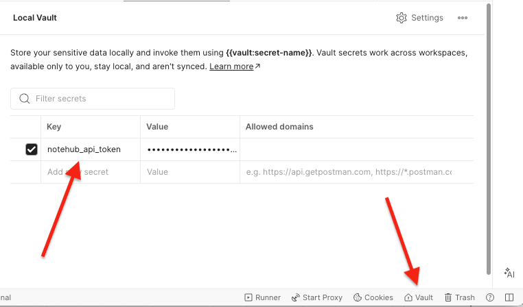 Creating an API token in the Postman vault