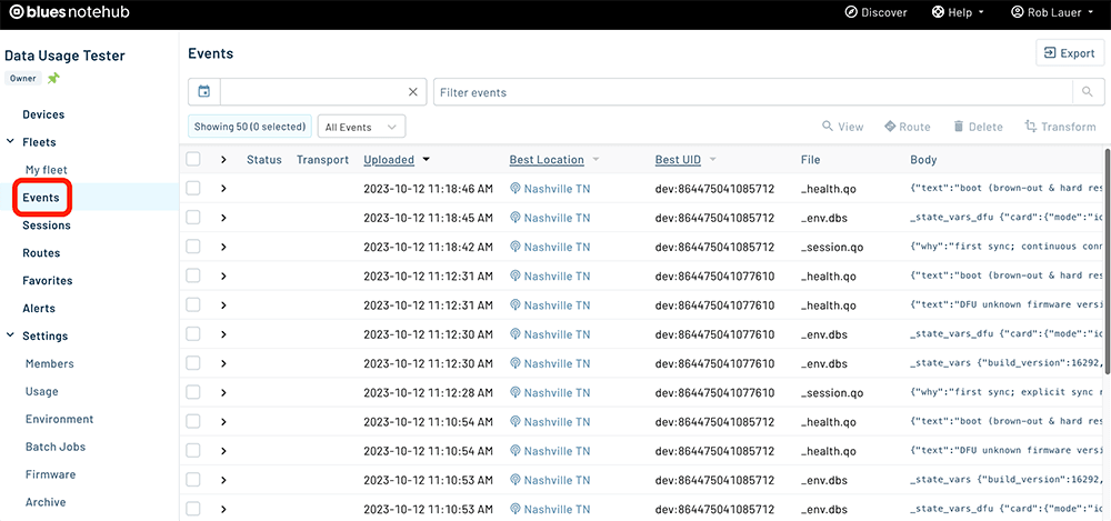 events view in notehub