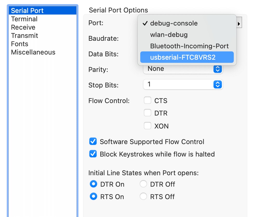 serial terminal port settings