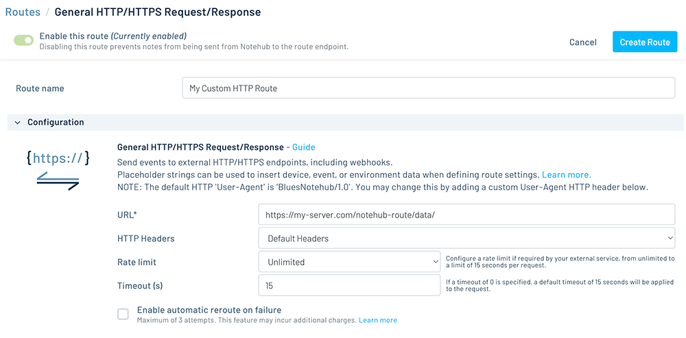 example notehub route setup