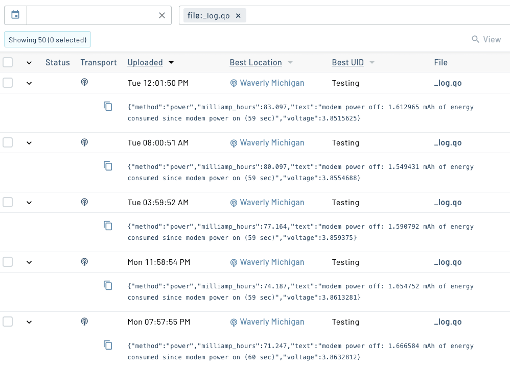 A list of _log.qo events in Notehub