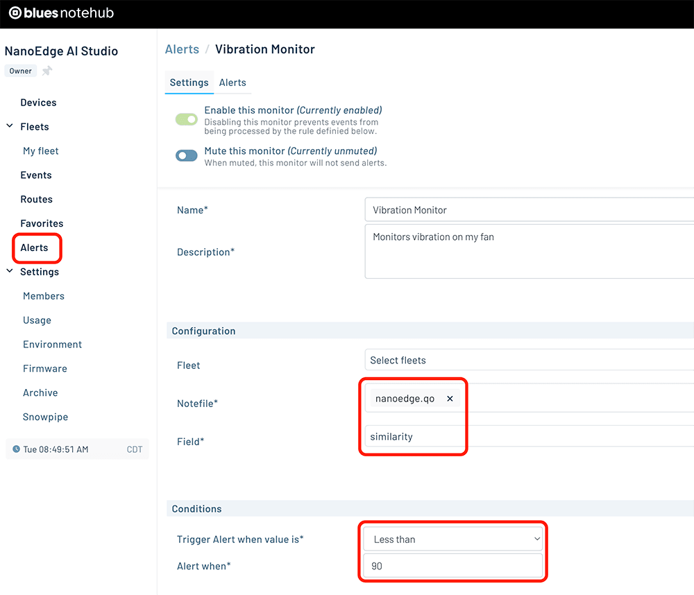 configuring an alert in notehub