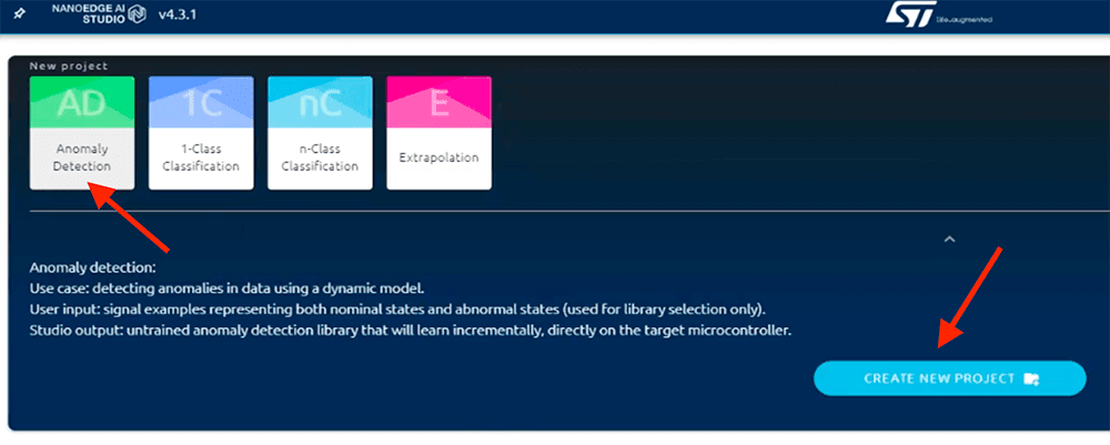 create a new project in NanoEdge AI Studio
