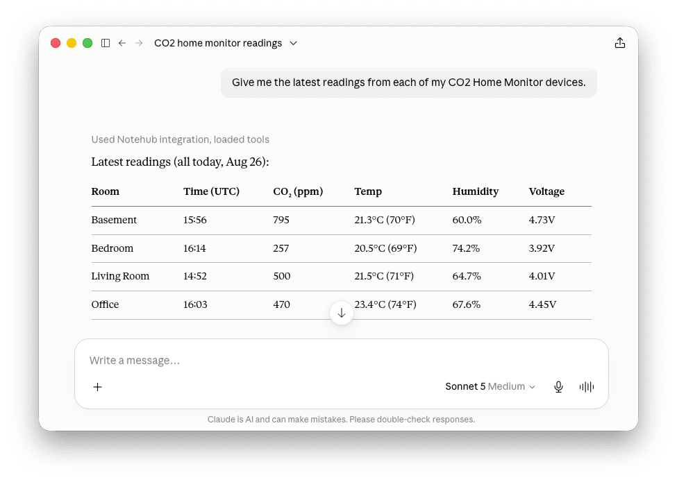 Asking a simple question in Claude Desktop using Notehub IQ