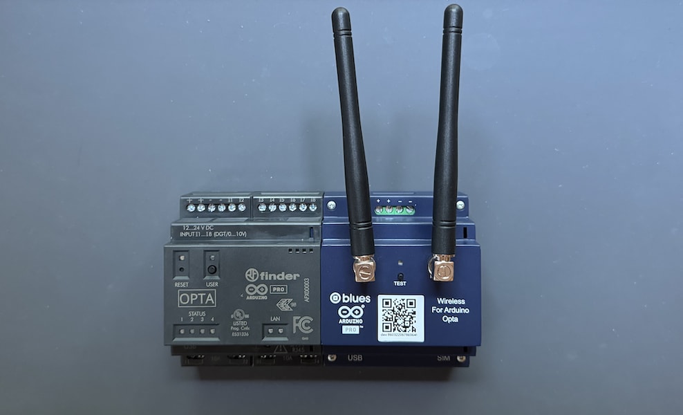 The Arduino OPTA and Blues Wireless for OPTA, connected