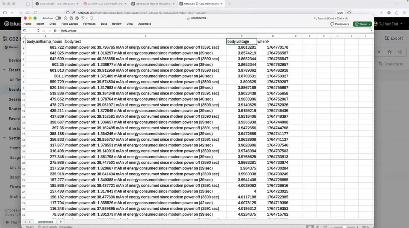 clear Excel spreadsheet showing body.milliamp_hours, body.text and body.voltage columns with readable numeric values