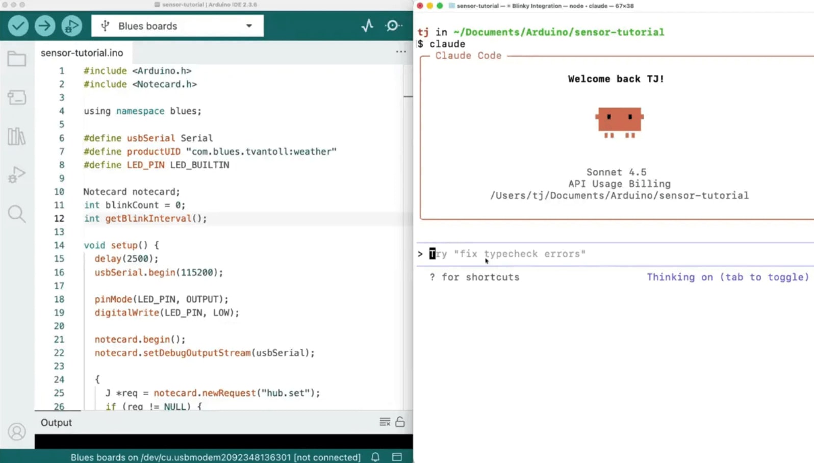 Clear split-screen image: Arduino IDE showing a sensor sketch on the left and Claude Code terminal on the right.