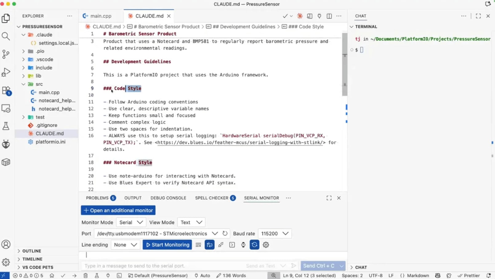 VS Code showing CLAUDE.md project instruction file with code style and Notecard sections