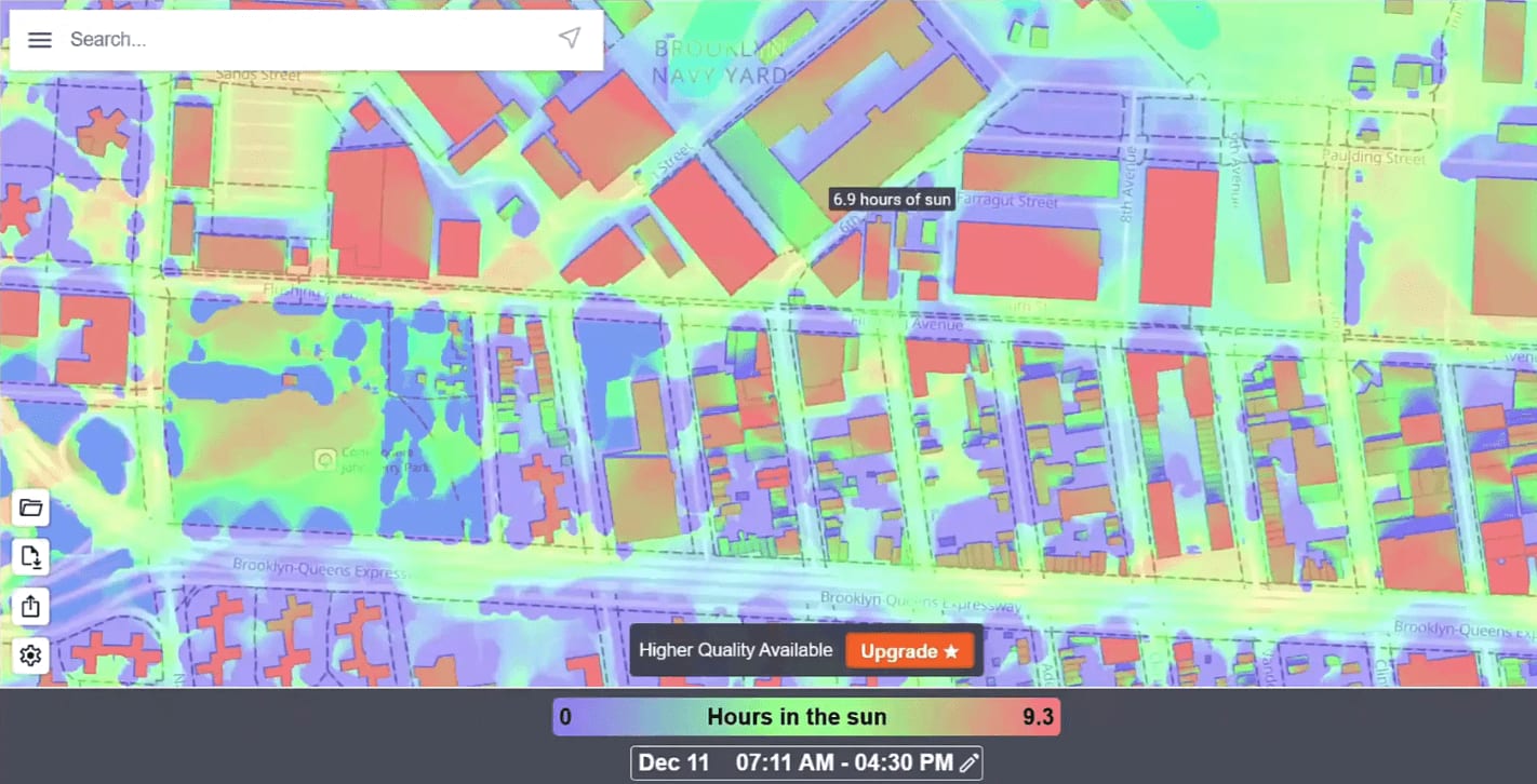 Vibrant heatmap over a map showing hours in the sun per location with a legend and a tooltip reading '6.9 hours of sun'