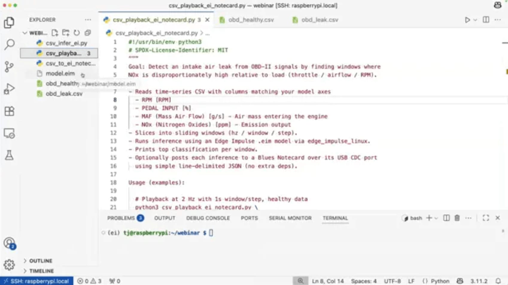 Python editor showing firmware with Edge Impulse .eim model and CSV playback