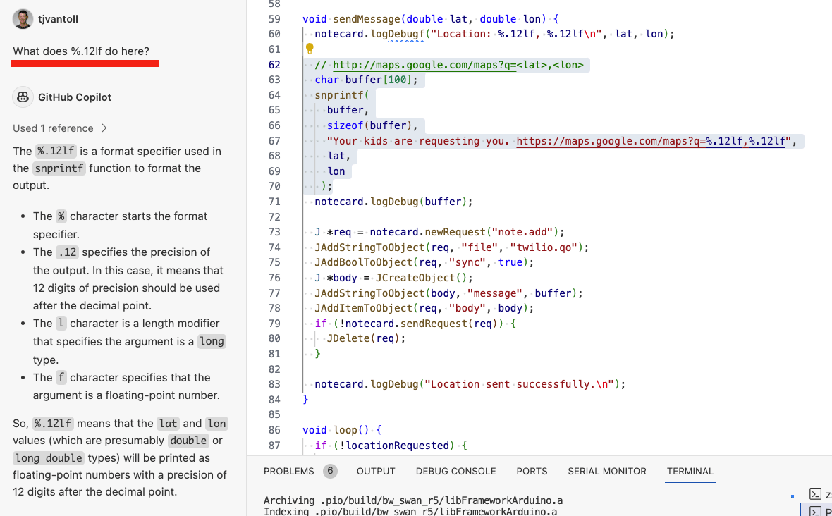 Asking GitHub Copilot to explain an snprintf call