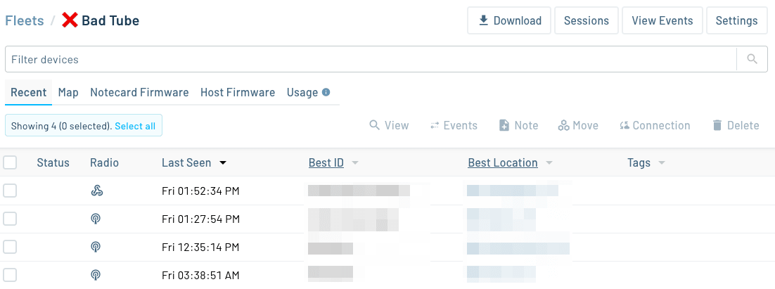 A list of devices in the Bad Tubes fleet in a Notehub project