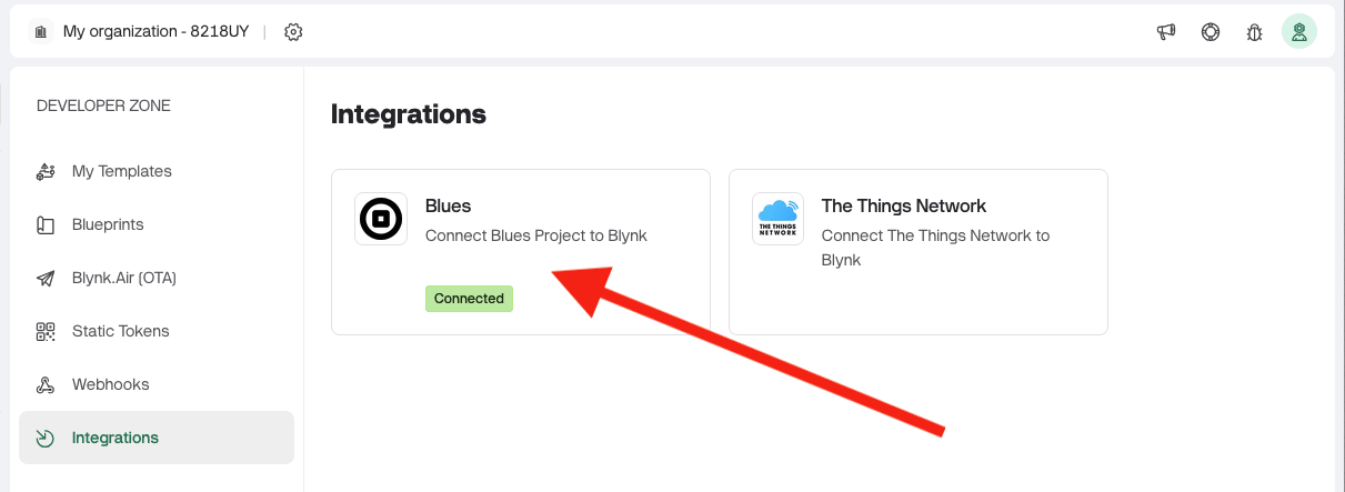 The Blynk integration in the Blynk Console
