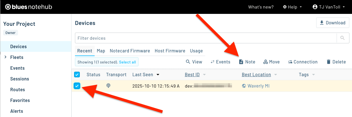 List of devices in Notehub with the first device selected