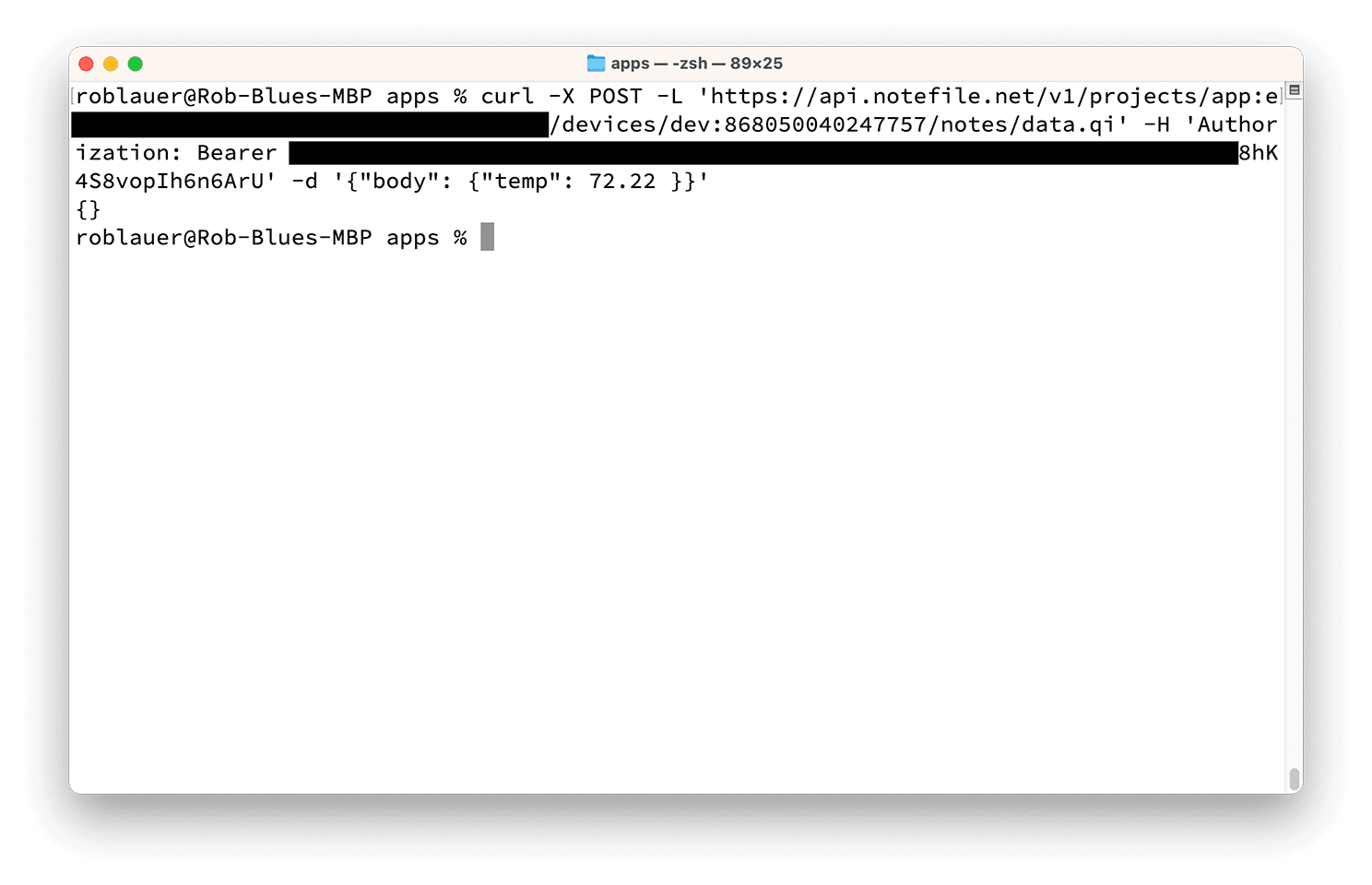 An example of how to send a note using curl