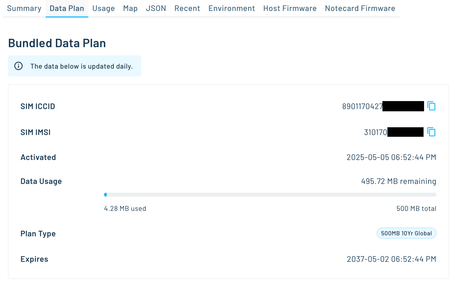 device data plan information on notehub