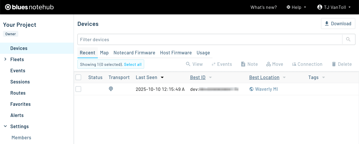 List of devices in Notehub