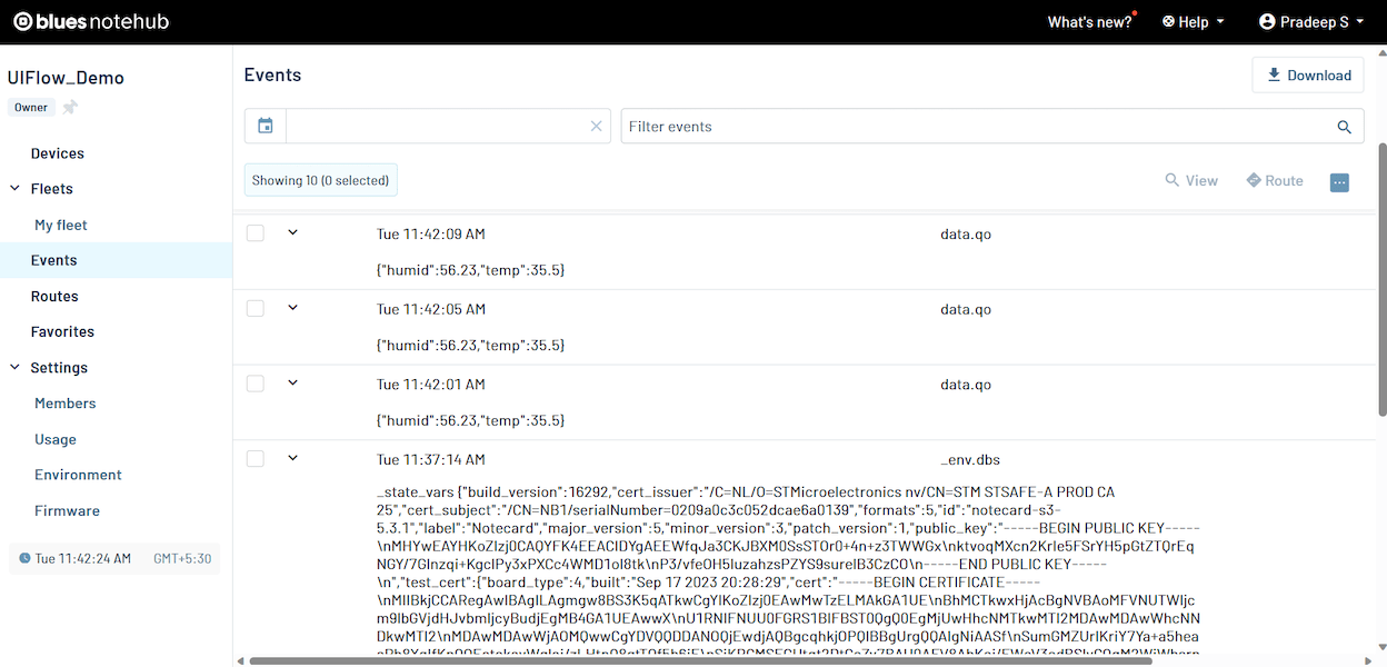 Notehub project with data populated