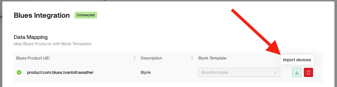 Import devices button in Blynk