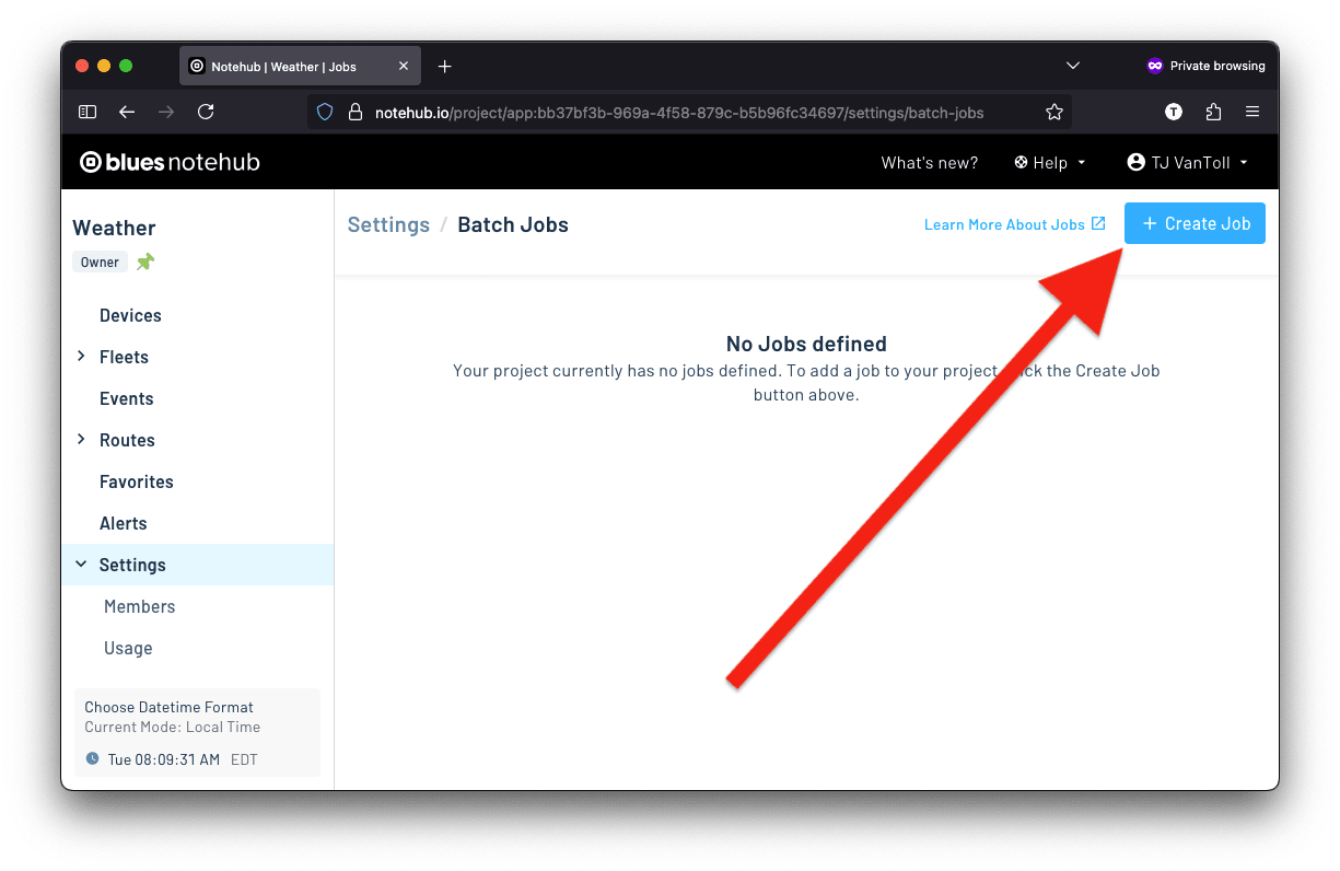 Create Job button in Notehub