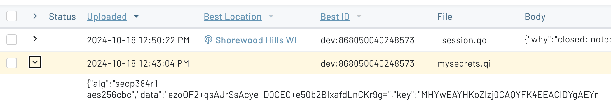 An example inbound Notefile created with Notehub API