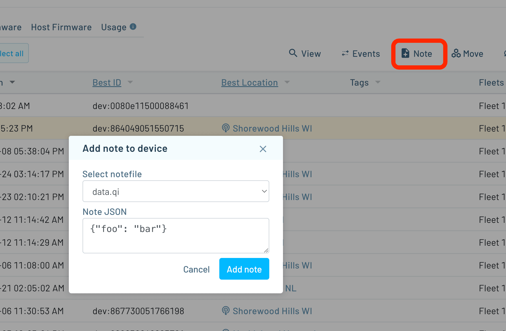 adding an inbound note with the notehub ui