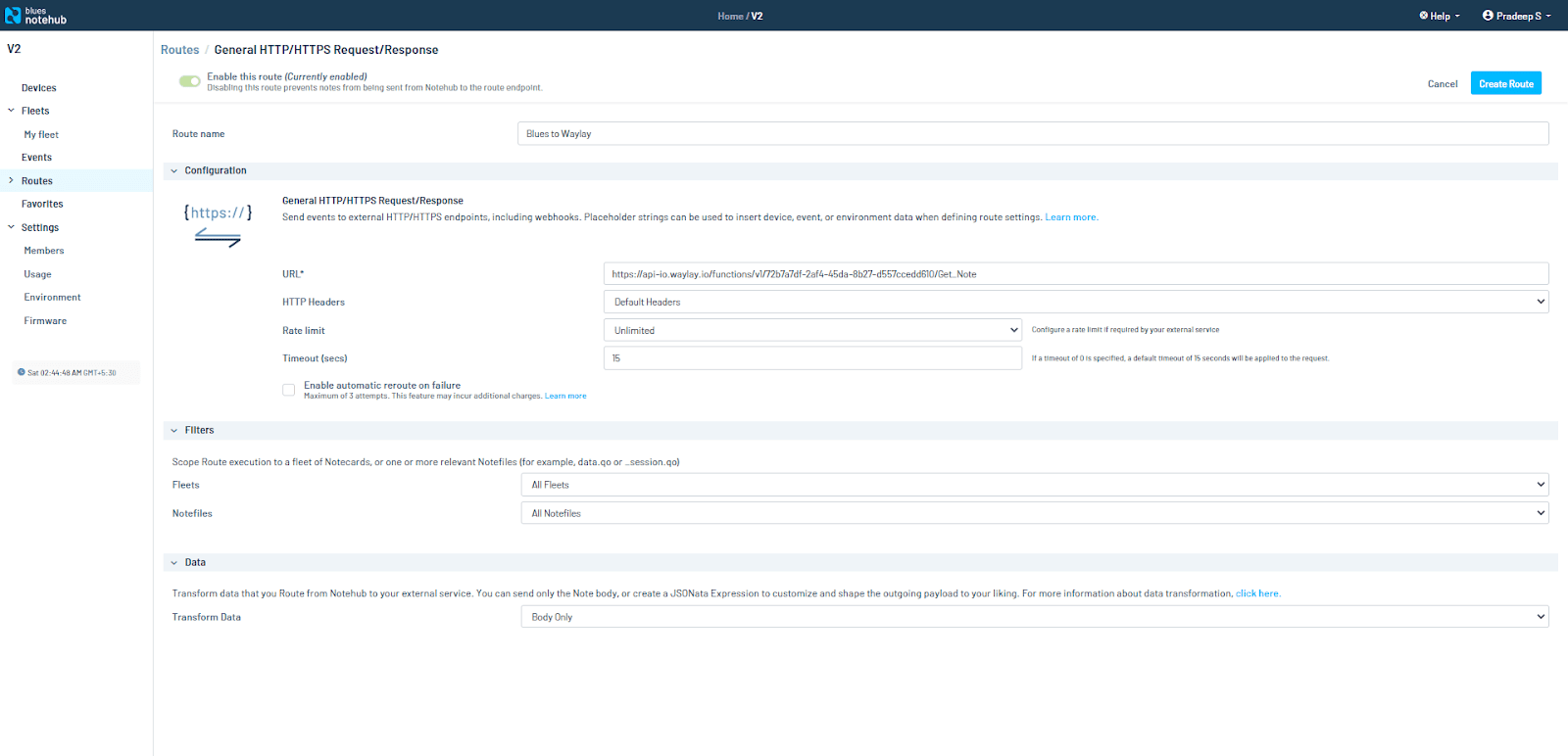 waylay notehub route