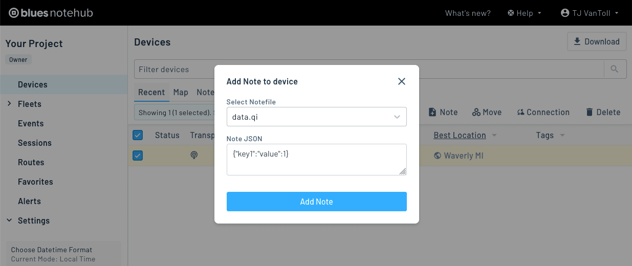 Dialog for sending a Note to a device in Notehub