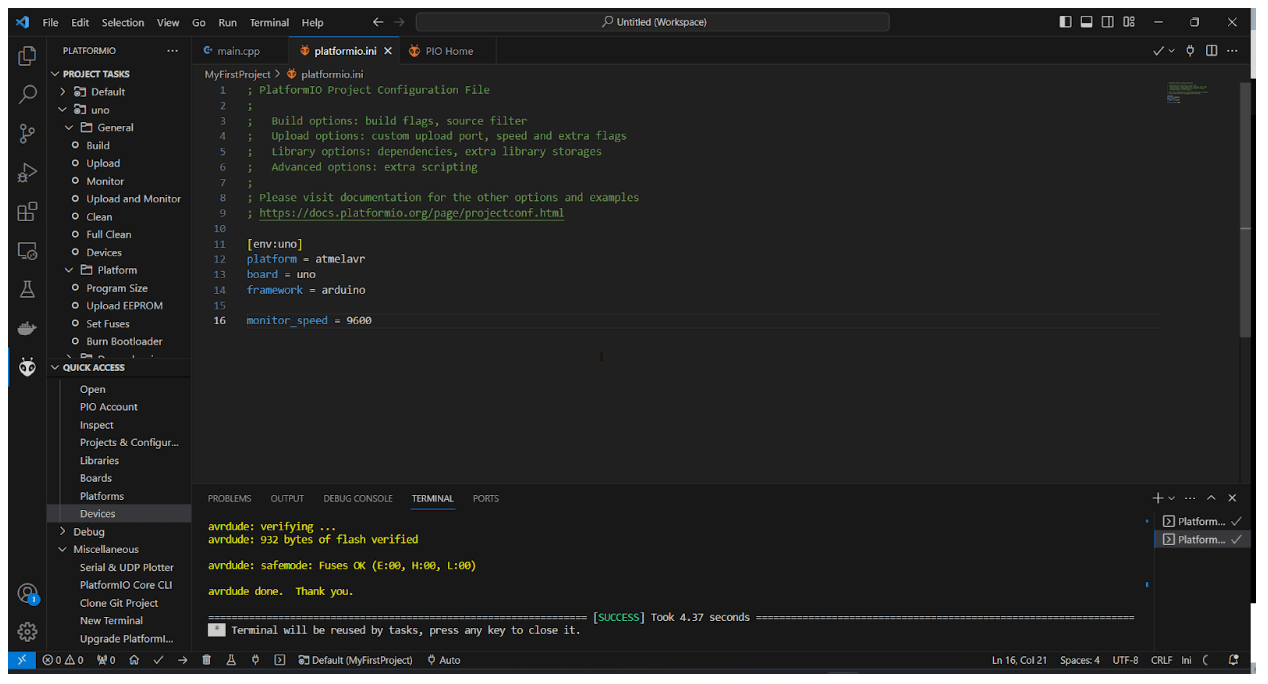 A screenshot of the platformio.ini file open within VS Code, highlighting the bar where you set the baud rate.