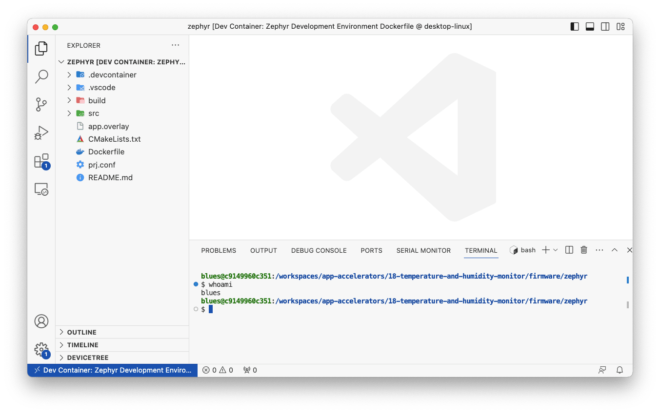 A terminal running in a dev container